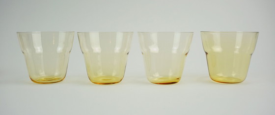 Image 1 of Ensemble de 4 verres à thé style années 50, signés Hein Matten, support en laiton, anses en raphia.