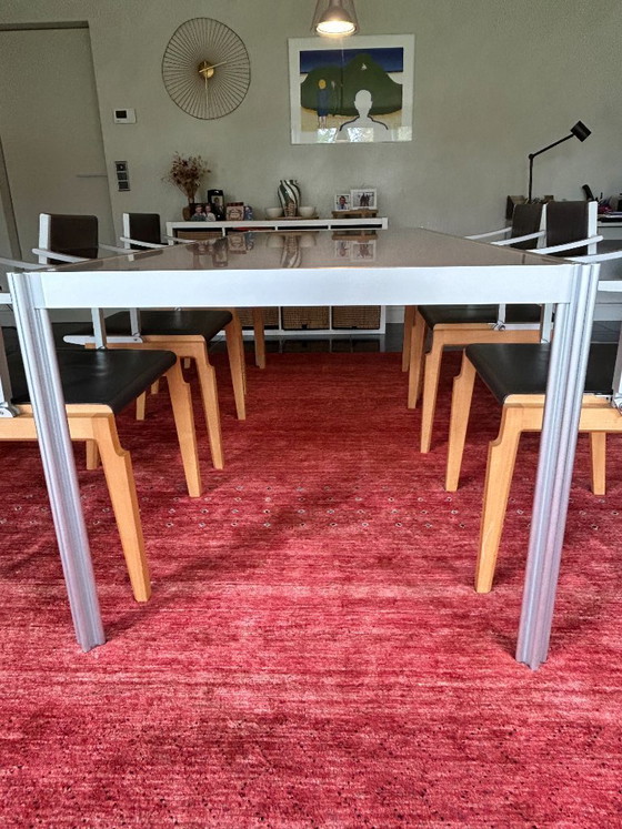 Image 1 of Exclusive Italian Dining Set: 6x Giorgetti Chairs (Adjustable) + Acerbis Frosted Glass Dining Table