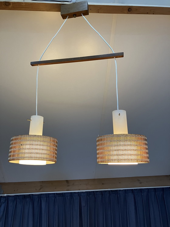 Image 1 of Vintage Scandinavische hanglamp met teak hout en houten kap