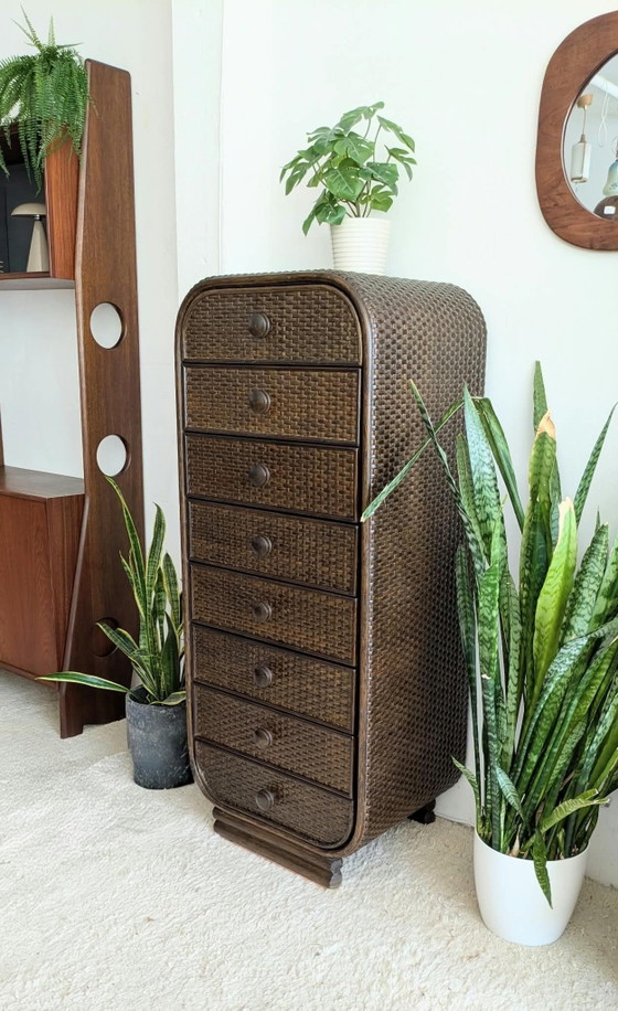 Vintage 70s rattan, webbing tall Chest of drawers – Wood (photo 3 of 6)