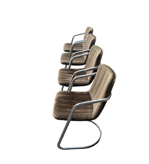 4 Chromen frame met stoffen groen/bruine bekleding eetkamerstoel