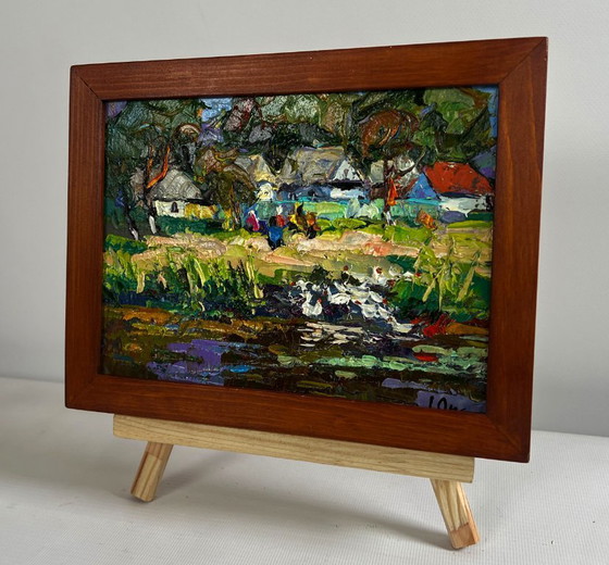 Image 1 of Original Oil Painting Summer Coastal Landscape Ducks are swimming along the river
