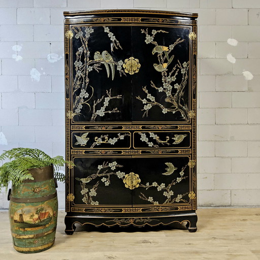 Vintage Chinese black lacquer cabinet birds and flowers bohemian closet (oriental cabinet)