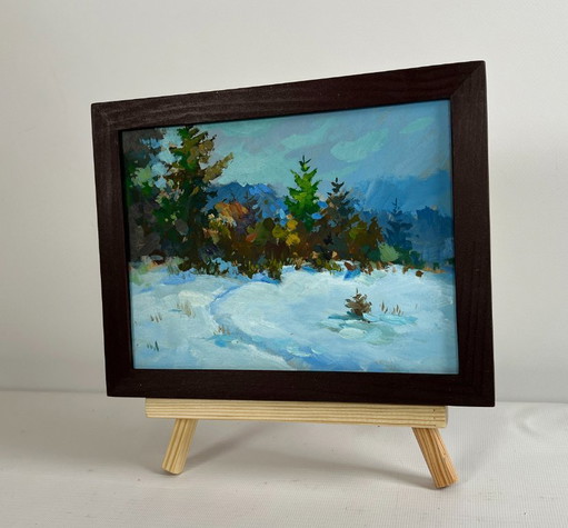 Origineel olieverfschilderij: Winterboslandschap in het besneeuwde bos.