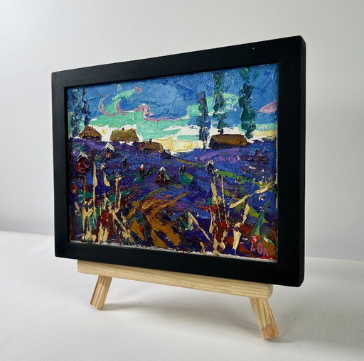 Original Oil Painting Summer Field Landscape Evening in the village