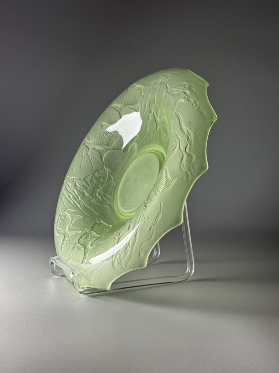 Image 1 of August Walther & Söhne “Arabella” Uranium Glass Centerpiece Bowl – Art Deco Fish Decor – 1930s Germany