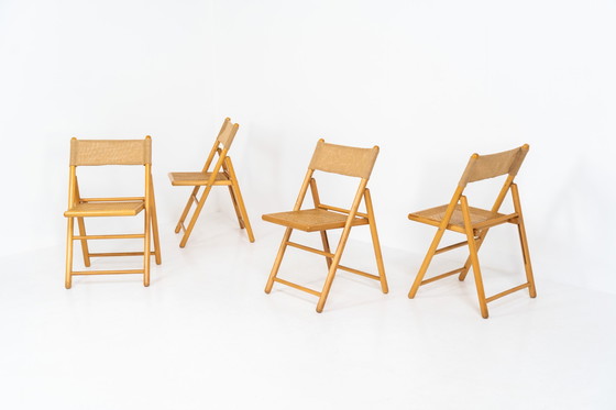 Image 1 of Satz von 4 eleganten Klappstühlen aus Weide und Jute (Deutschland, 1970er)