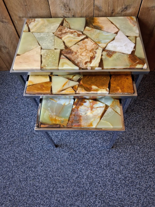 Vintage Onyx Marble nesting tables, Mimiset with Chrome Frame (1960s/1970s)