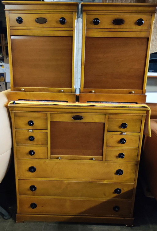 Secretaire + 2 kastjes met werkblad, rolluiken en lades – kasten, Wood