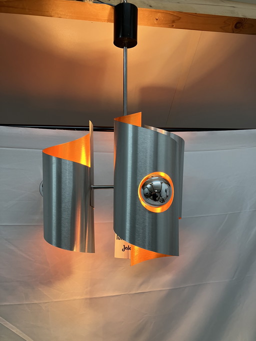 Vintage space age hanglamp, Polam, geborsteld aluminium