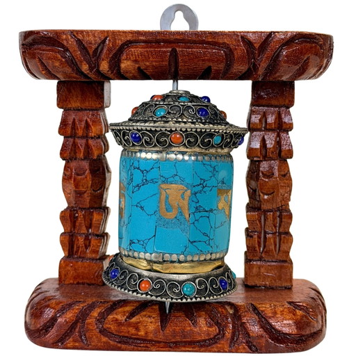 Vintage Tibetan Mani Prayer Wheel in Wooden Frame – Circa 1980s