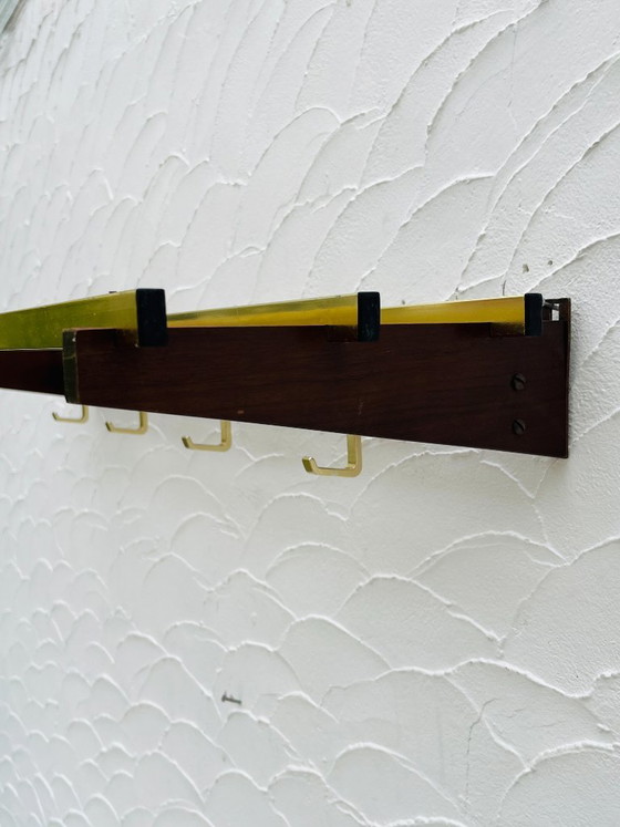 Image 1 of Vintage 1970s wooden and brass wall-mounted coat rack