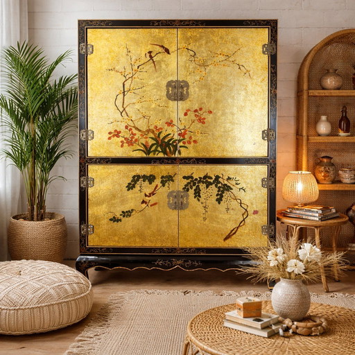 Vintage Chinese Kast Bladgoud / Bloemen en Vogels / Bohemian Kast / Aziatische Kast / Oosterse Kast