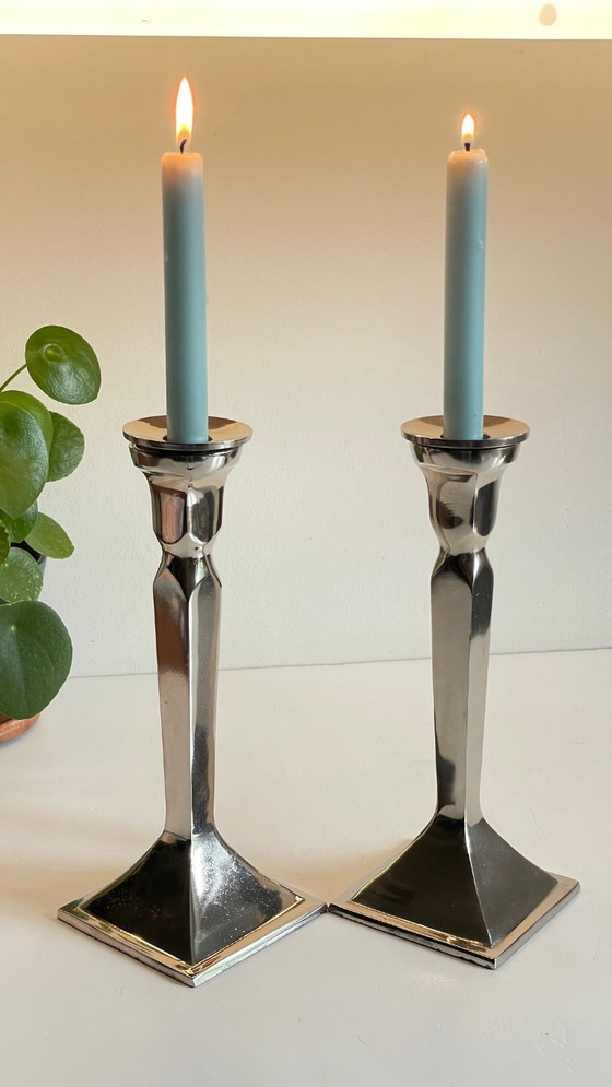 Image 1 of Coppia di candelieri vintage in fusione di alluminio cromato