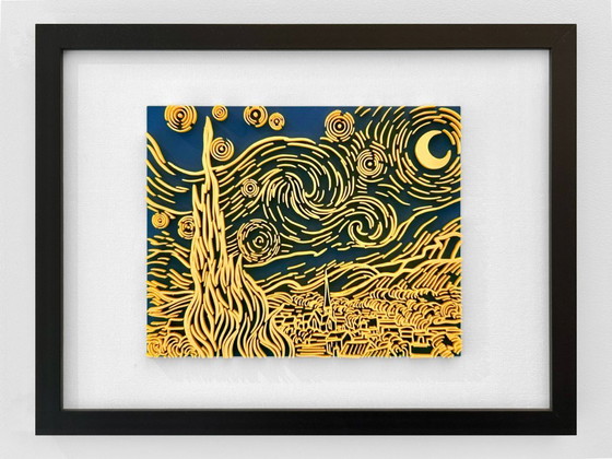 Image 1 of Notte stellata reinterpretata: bassorilievo scultoreo in movimento, opera d'arte da parete.