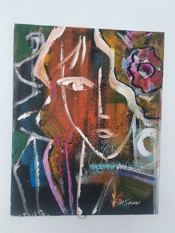 Image 1 of M Savu – Original Abstract Expressionist Portrait | Acrylic on Canvas Board | 30 × 24 cmo