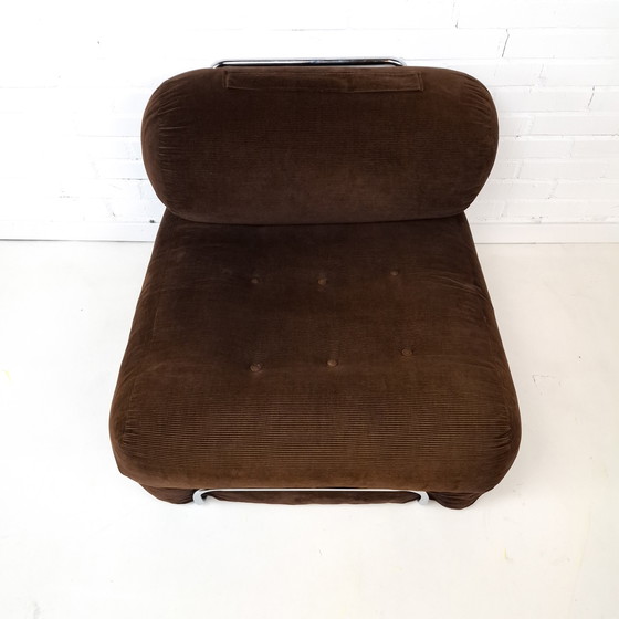 Image 1 of Vintage slaapfauteuil jaren 70 bruin corduroy gecapitonneerd / rib chroom mid century modern design