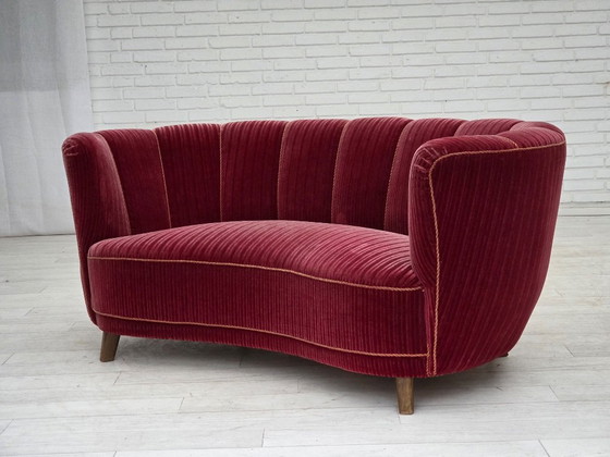 Image 1 of 1960s, Danish 2-seater "Banana" sofa, red furniture velour, oak wood.