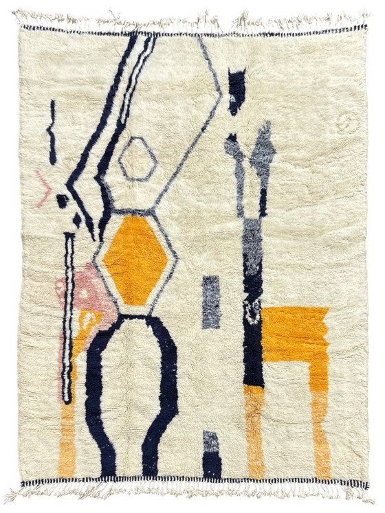 Image 1 of Wit en oranje Marokkaans tapijt 220x300 cm, authentiek Marokkaans tapijt.