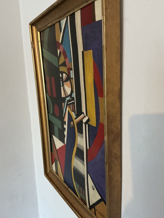 Image 1 of Dipinto astratto in stile cubista – Firmato – Olio su tela con cornice dorata