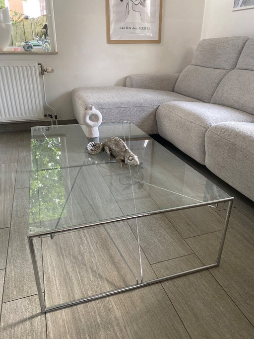 Table basse vintage en verre avec base chromée