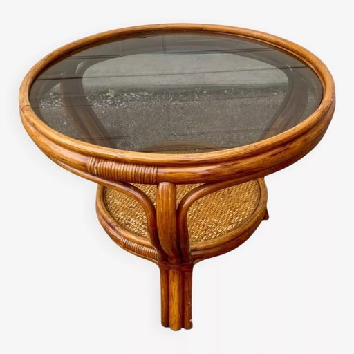 Tavolino da caffè in vimini e rattan con piano in vetro