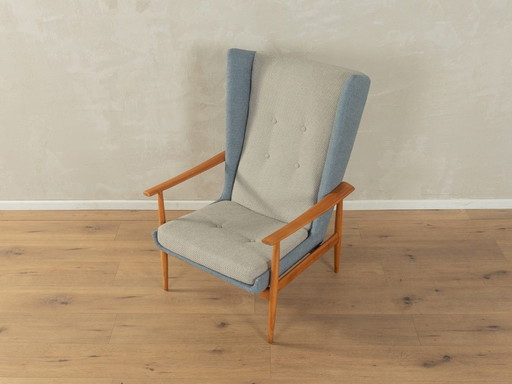 1950s wingback armchair in two-tone look, cherry wood, newly upholstered