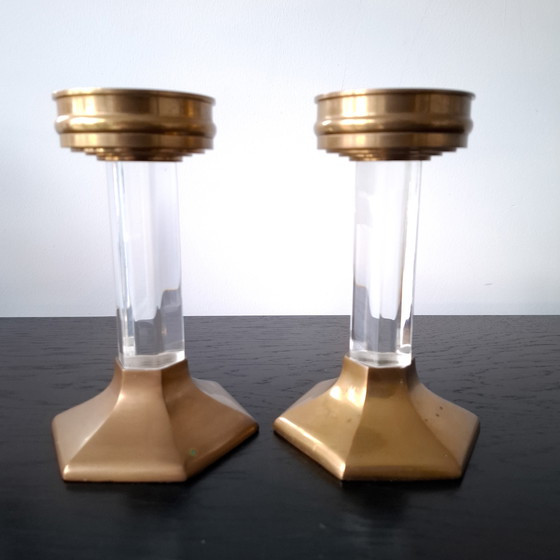 Image 1 of 2x vintage kandelaar jaren 60/70 lucite/messing