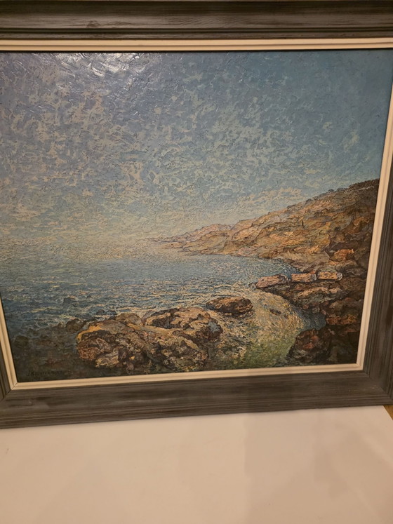 Paesaggio costiero mediterraneo suggestivo, J. Keustermans (1967), Arte, Legno, Tela, Blu (foto 2 di 15)