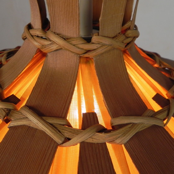 Image 1 of Lampada a sospensione vintage con paralume in rattan, foglia di palma e tessuto, anni '70