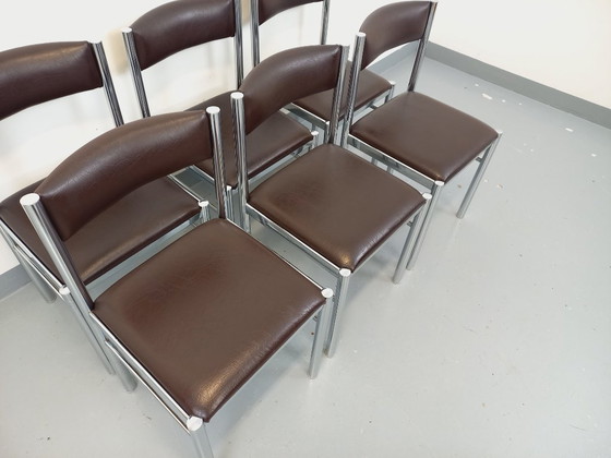 Image 1 of Set di 6 sedie vintage anni '70 in metallo cromato e similpelle marrone