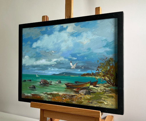 Pintura al óleo original: Paisaje costero marino delimitado por la corriente.