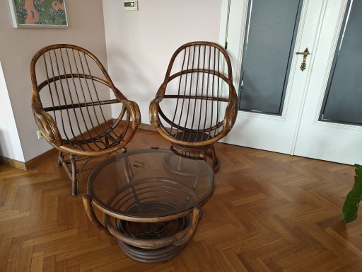 Mid-Century Rotan Set | Stoel, Draaistoel & Rookglas Tafel