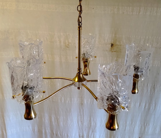 5-lichts verguld messing en perspex Kroonluchter - jaren 60/70 – Brass (photo 6 of 10)