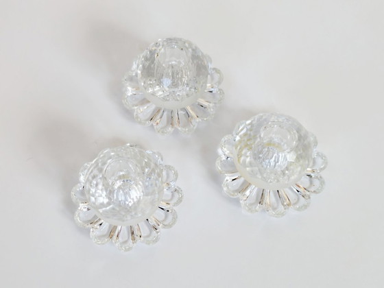 Image 1 of Set of 3 Vintage Crystal Candle Holders, Midcentury Faceted Glass Daisy Base Ornaments
