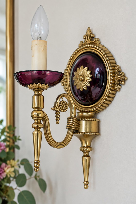 Set van 4 vintage wandlampen – aubergine glas & goud | Hollywood Regency – Metal, Brass (photo 2 of 13)