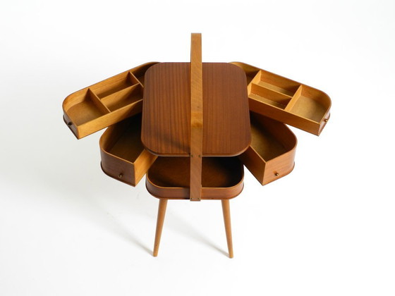Image 1 of Beautiful original Mid Century teak sewing box with hinged compartments