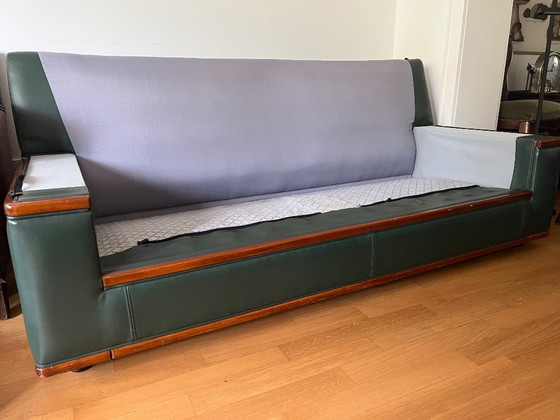 High-quality Jean Roche leather sofa + 2 armchairs – French designer furniture in green – Couches, Wood (photo 6 of 10)