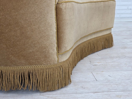 Image 1 of 1960s, Danish "Banana" 2-seater sofa, green furniture velour, oak wood.