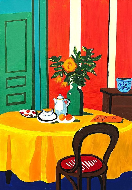 Image 1 of Pintura acrílica del artista E. García "El mantel amarillo" 100x70 cm