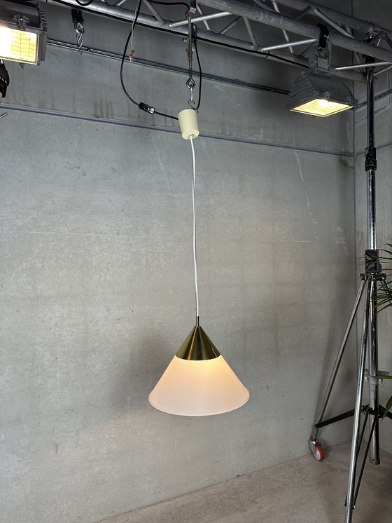 Image 1 of Vintage Glashütte Limburg Pendant Lamp - Opaline And Brass