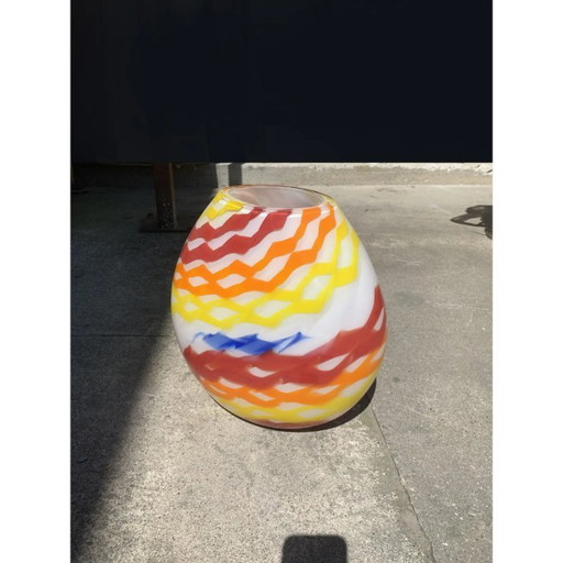 Contemporary Vase in Milky-White Murano Glass with Colored Reeds, Attributed