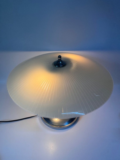 Lámpara de mesa antigua vintage cromo con pantalla forrada mediados de siglo