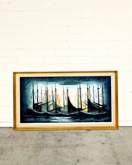 Modern abstract schilderij van een zeilboot