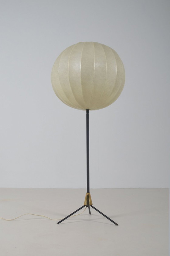 Image 1 of Lampadaire trépied vintage en forme de cocon avec accents en laiton, années 1960