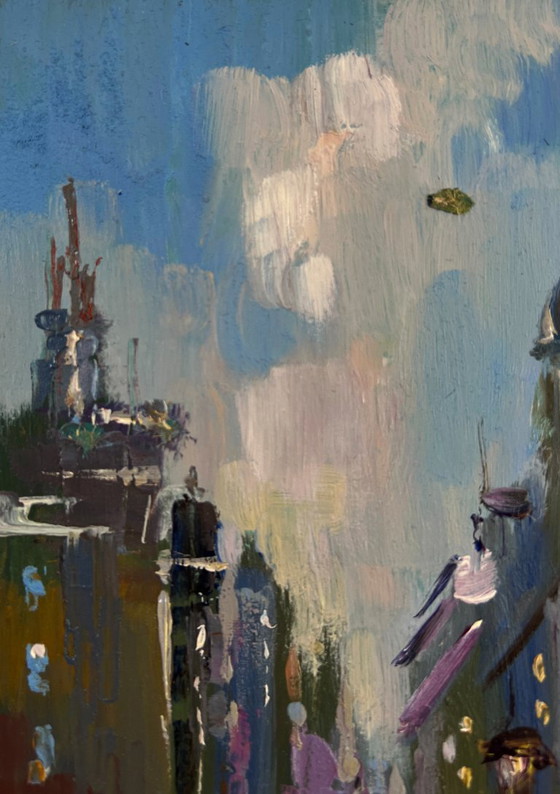 Image 1 of Original Oil Painting Gloomy Street Landscape Dynamics of the city during rain