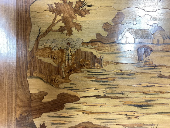 Image 1 of Vintage inlaid wood panel with an oriental image