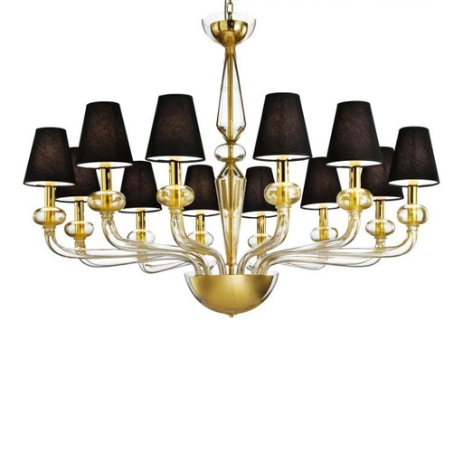 Lámpara de araña minimalista moderna lineal de cristal de Murano con detalles en pan de oro.