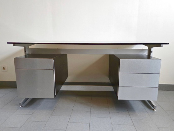 Image 1 of Vintage 1970s desk by Etienne Fermigier for JFR, stainless steel & aluminum, 70s space age