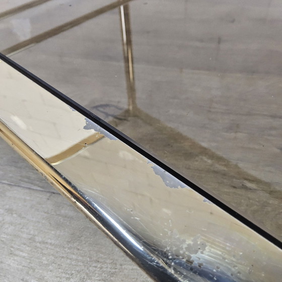 Vintage golden brass bar cart / trolley smoked glass shelves (photo 14 of 15)